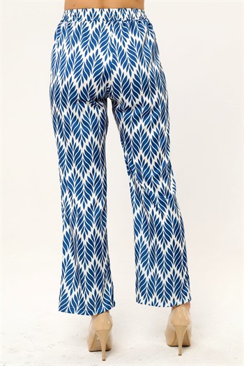 Leaf Patterned Satin İndigo Trousers with Elastic Waist and Rope Detail and Pipe Leg Prints