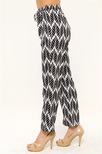 Leaf Patterned Satin Black Trousers with Elastic Waist and Rope Detail and Pipe Leg Prints