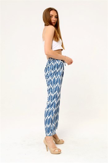 Leaf Patterned Satin İndigo Trousers with Elastic Waist and Rope Detail and Pipe Leg Prints