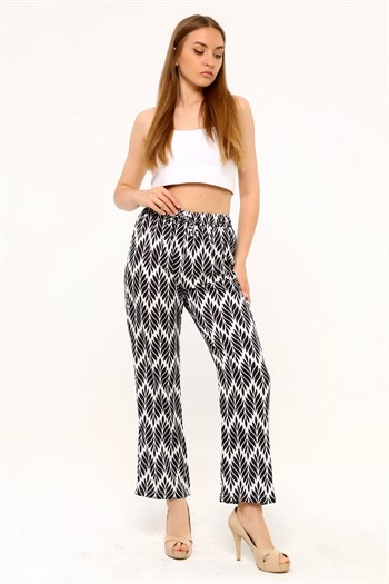 Leaf Patterned Satin Black Trousers with Elastic Waist and Rope Detail and Pipe Leg Prints