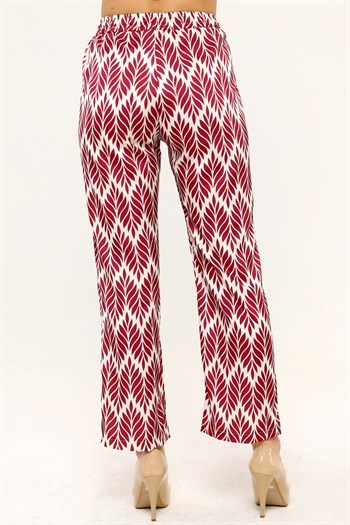 Leaf Patterned Satin Burgundy Trousers with Elastic Waist and Rope Detail and Pipe Leg Prints