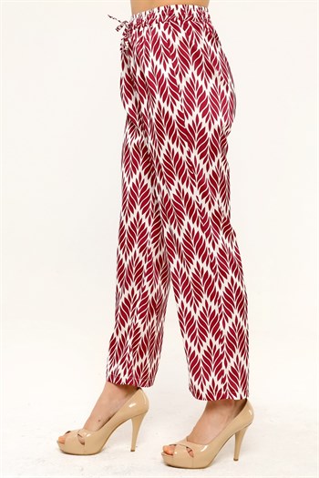 Leaf Patterned Satin Burgundy Trousers with Elastic Waist and Rope Detail and Pipe Leg Prints