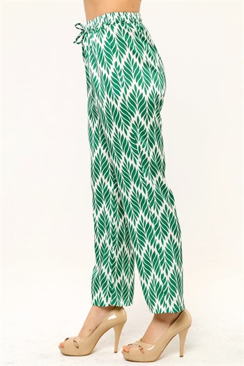 Leaf Patterned Satin Green Trousers with Elastic Waist and Rope Detail and Pipe Leg Prints