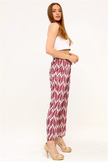 Leaf Patterned Satin Burgundy Trousers with Elastic Waist and Rope Detail and Pipe Leg Prints