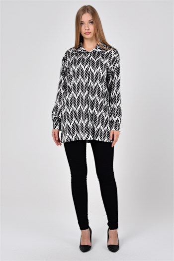 Yaprak Desenli Gömlek Yaka Manşetli Baskılı Saten Siyah Kadın Gömlek