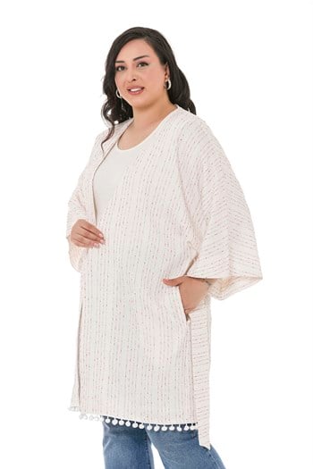Plus Size Kimono with Bat Sleeves Skirt with Pompom Belt Pockets Lined Red Stripes on White