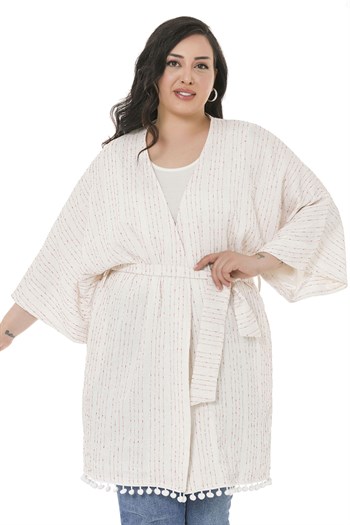 Plus Size Kimono with Bat Sleeves Skirt with Pompom Belt Pockets Lined Red Stripes on White