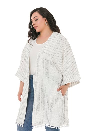 Plus Size Kimono with Bat Sleeves, Pompom Belted, Pockets, Lined, White and Navy Blue Stripes