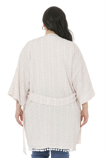 Plus Size Kimono with Bat Sleeves Skirt with Pompom Belt Pockets Lined Red Stripes on White