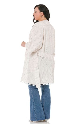 Plus Size Kimono with Bat Sleeves Skirt with Pompom Belt Pockets Lined Red Stripes on White