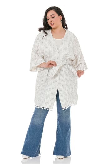 Plus Size Kimono with Bat Sleeves, Pompom Belted, Pockets, Lined, White and Navy Blue Stripes