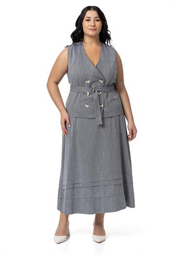 Büyük Beden Keten Kruvaze Yelek Etek Siyah İkili Takım