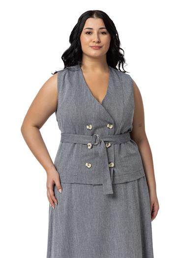 Büyük Beden Keten Kruvaze Yelek Etek Siyah İkili Takım