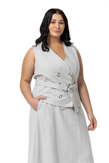 Büyük Beden Keten Kruvaze Yelek Etek Gri İkili Takım
