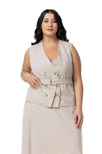 Büyük Beden Keten Kruvaze Yelek Etek Bej Rengi İkili Takım