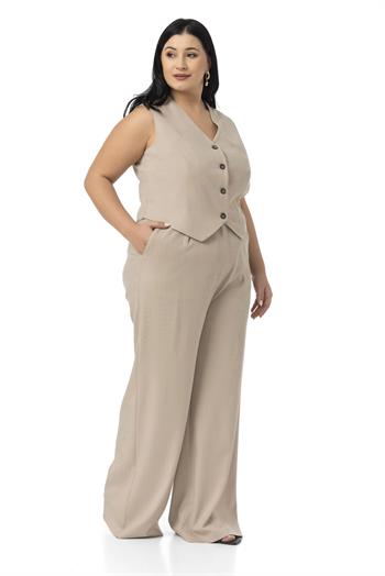 Büyük Beden Çizgili Yelek Pantolon Vizon İkili Takım