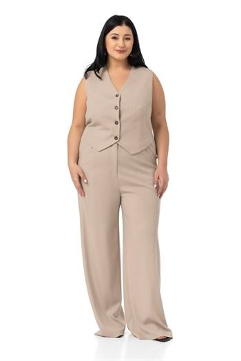 Büyük Beden Çizgili Yelek Pantolon Vizon İkili Takım