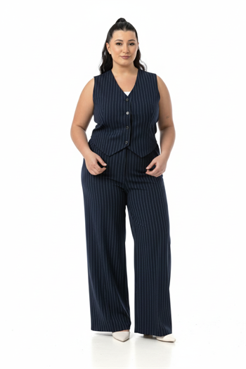 Büyük Beden Çizgili Yelek Pantolon Lacivert İkili Takım