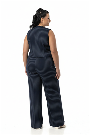 Büyük Beden Çizgili Yelek Pantolon Lacivert İkili Takım