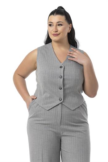 Büyük Beden Çizgili Yelek Pantolon Gri İkili Takım