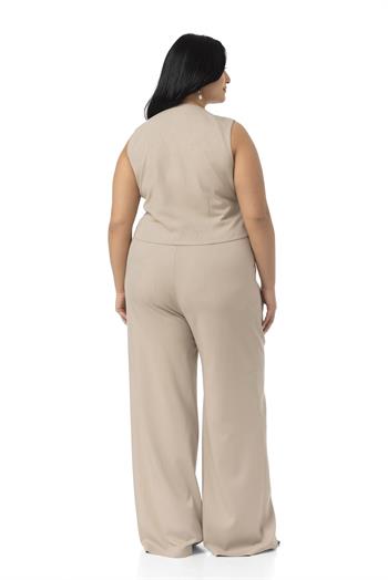 Büyük Beden Çizgili Yelek Pantolon Vizon İkili Takım