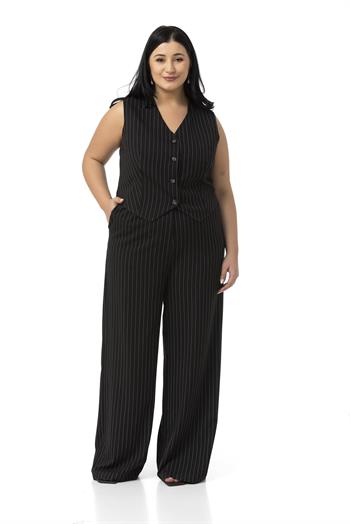 Büyük Beden Çizgili Yelek Pantolon Siyah İkili Takım