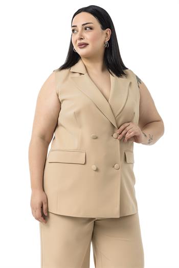 Büyük Beden Kaplama Düğmeli Yelek Pantolon Vizon İkili Takım