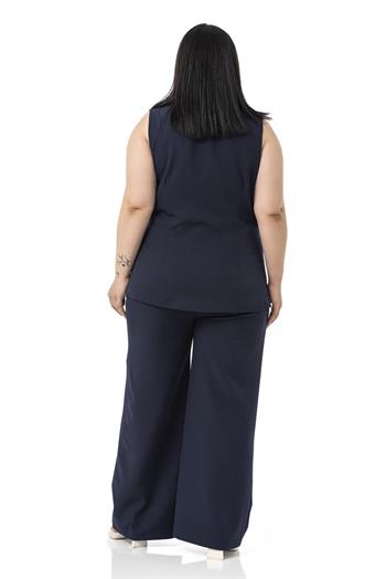 Büyük Beden Kaplama Düğmeli Yelek Pantolon Lacivert İkili Takım