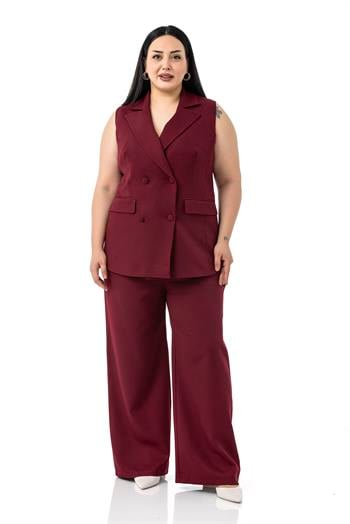 Büyük Beden Kaplama Düğmeli Yelek Pantolon Bordo İkili Takım