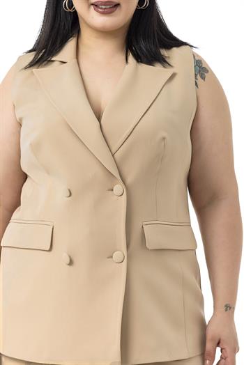 Büyük Beden Kaplama Düğmeli Yelek Pantolon Vizon İkili Takım