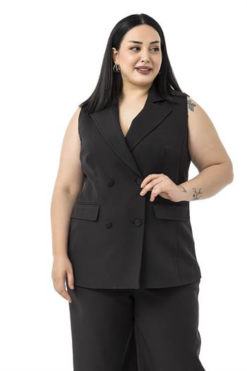 Büyük Beden Kaplama Düğmeli Yelek Pantolon Siyah İkili Takım