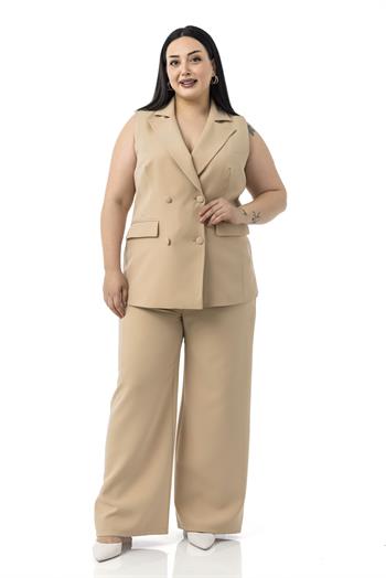 Büyük Beden Kaplama Düğmeli Yelek Pantolon Vizon İkili Takım