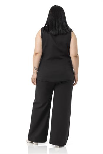 Büyük Beden Kaplama Düğmeli Yelek Pantolon Siyah İkili Takım