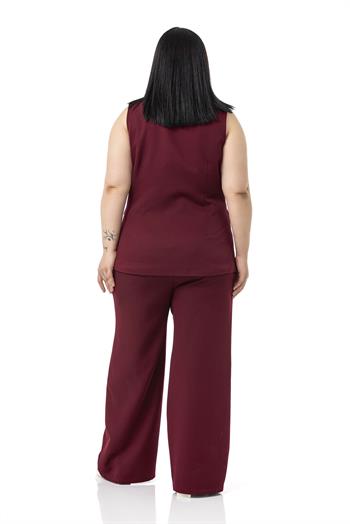 Büyük Beden Kaplama Düğmeli Yelek Pantolon Bordo İkili Takım