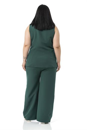 Büyük Beden Kaplama Düğmeli Yelek Pantolon Zümrüt Yeşili İkili Takım