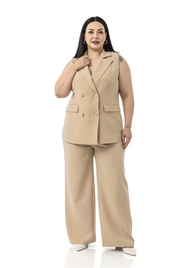 Büyük Beden Kaplama Düğmeli Yelek Pantolon Vizon İkili Takım