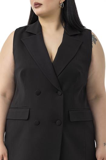 Büyük Beden Kaplama Düğmeli Yelek Pantolon Siyah İkili Takım