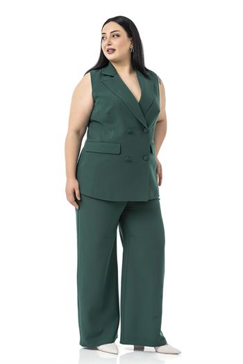 Büyük Beden Kaplama Düğmeli Yelek Pantolon Zümrüt Yeşili İkili Takım