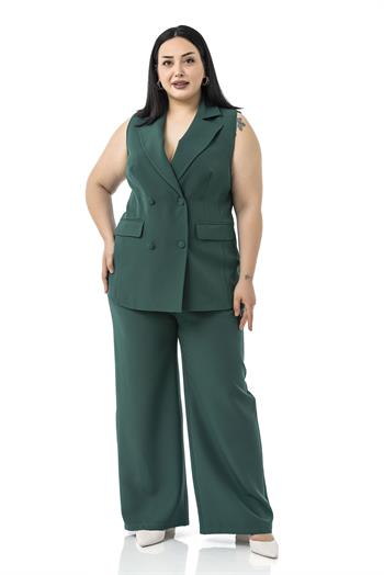 Büyük Beden Kaplama Düğmeli Yelek Pantolon Zümrüt Yeşili İkili Takım