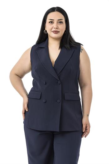 Büyük Beden Kaplama Düğmeli Yelek Pantolon Lacivert İkili Takım