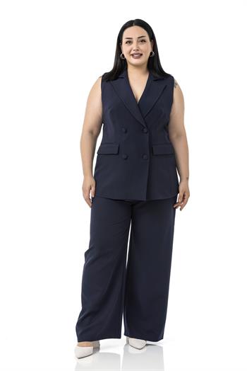 Büyük Beden Kaplama Düğmeli Yelek Pantolon Lacivert İkili Takım