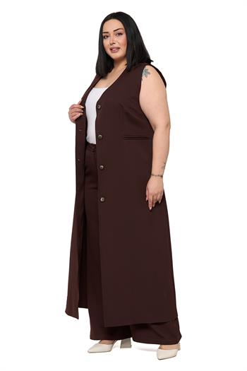 Büyük Beden Maxi Yelek Pantolon Kahverengi İkili Takım