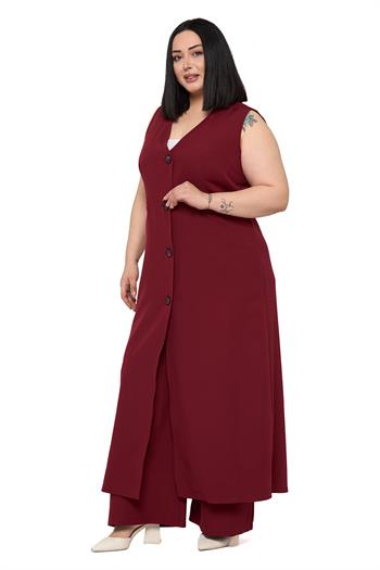 Büyük Beden Maxi Yelek Pantolon Bordo İkili Takım