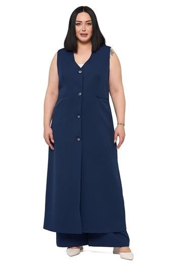 Büyük Beden Maxi Yelek Pantolon Lacivert İkili Takım