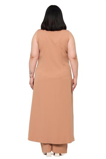 Büyük Beden Maxi Yelek Pantolon Vizon İkili Takım