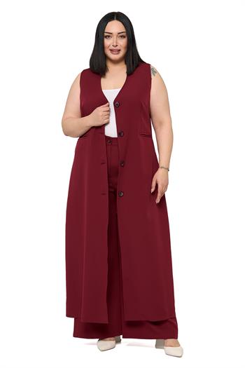 Büyük Beden Maxi Yelek Pantolon Bordo İkili Takım