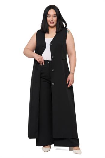Büyük Beden Maxi Yelek Pantolon Siyah İkili Takım