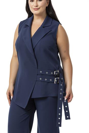 Büyük Beden Kuş Gözü Kemerli Yelek Pantolon Lacivert İkili Takım 