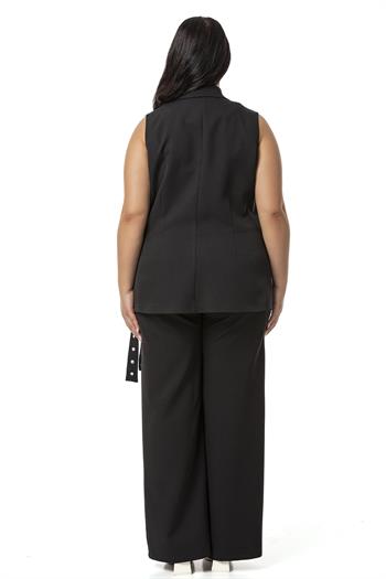 Büyük Beden Kuş Gözü Kemerli Yelek Pantolon Siyah İkili Takım 