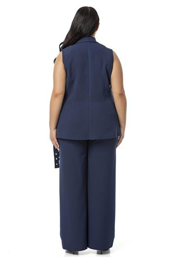 Büyük Beden Kuş Gözü Kemerli Yelek Pantolon Lacivert İkili Takım 